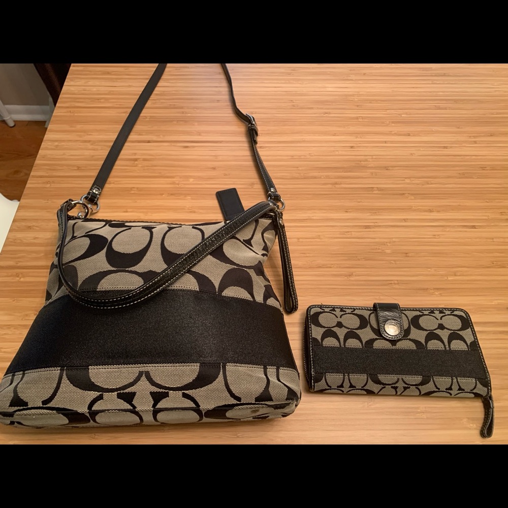 Coach black and gray crossbody bag and wallet